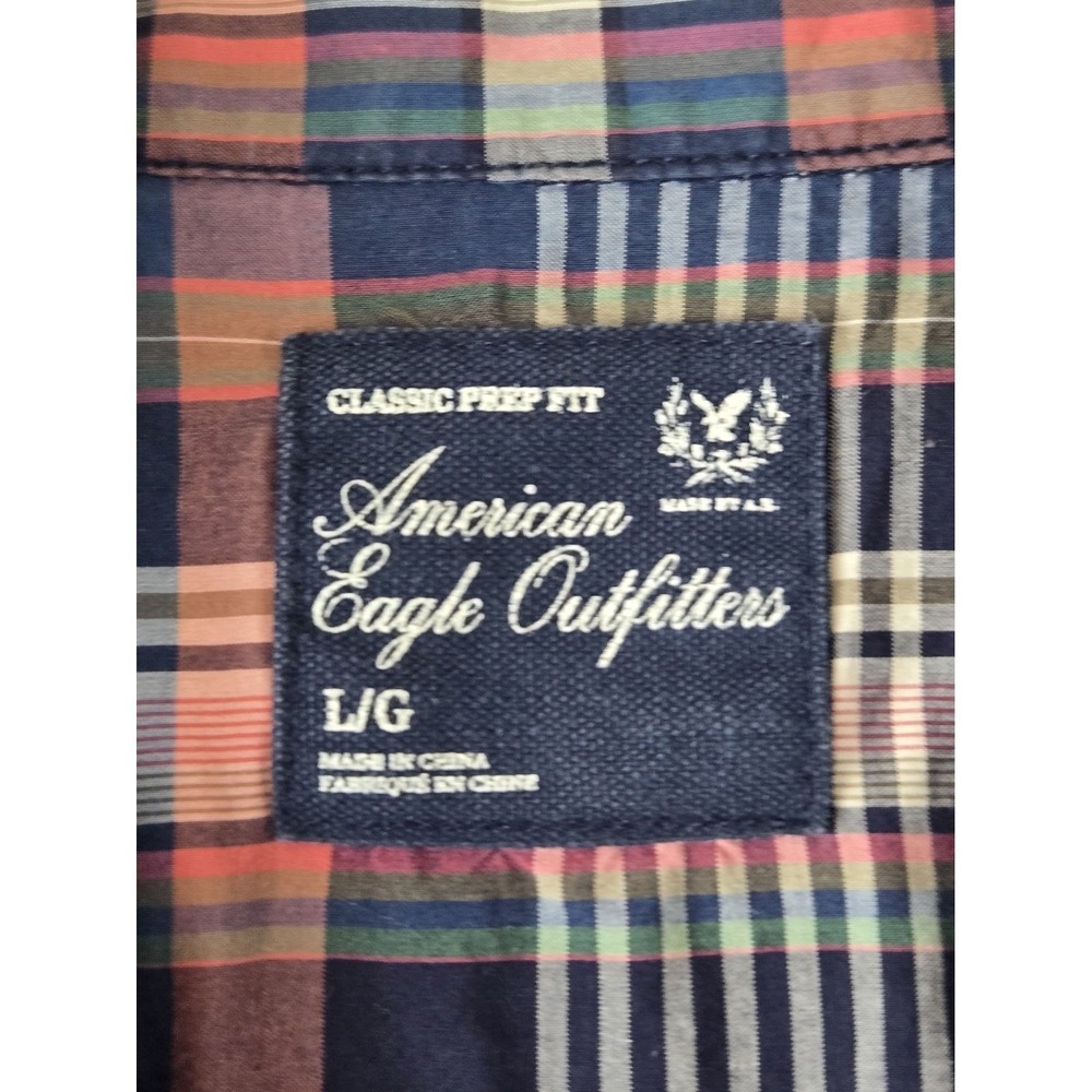 American Eagle Mens Shirt Size L Classic Prep Fit Plaid Long Sleeve Blue Pink - Picture 2 of 10